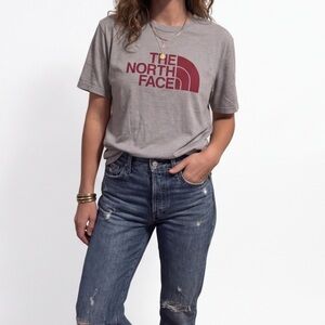 The North Face Women's Light Gray Tee with Maroon Logo